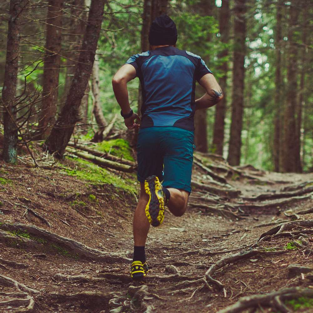 Man in blue clothes jogging in forest